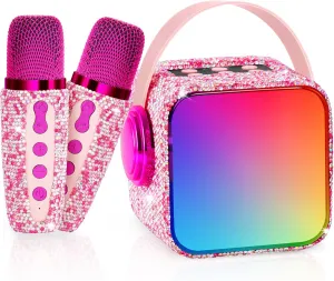 Karaoke Machine for Kids, Birthday Gifts for 3 4 5 6 7 8 9 10 11 Year Old Girl Boy, Portable Bluetooth Speaker with Colorful LED Lights and 2 Wireless Mics, Toys for Ages 3-12, Home Party Housewarming