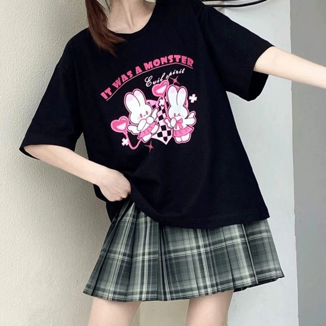 Kawaii Clothes Japanese Style Pastel Goth Casual Crewneck Soft Cartoon Cute Bunny Print T-Shirt
