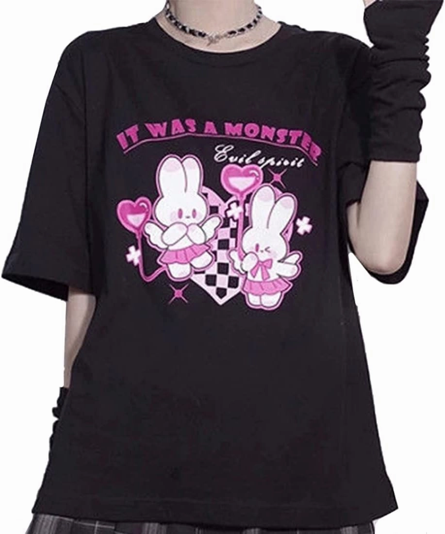 Kawaii Clothes Japanese Style Pastel Goth Casual Crewneck Soft Cartoon Cute Bunny Print T-Shirt