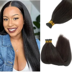 Keratin Bond 24Inch Yaki Straight Human Hair I Tip Extensions - Pre Bonded Light - #1B Natural Black - 100% Real Hair