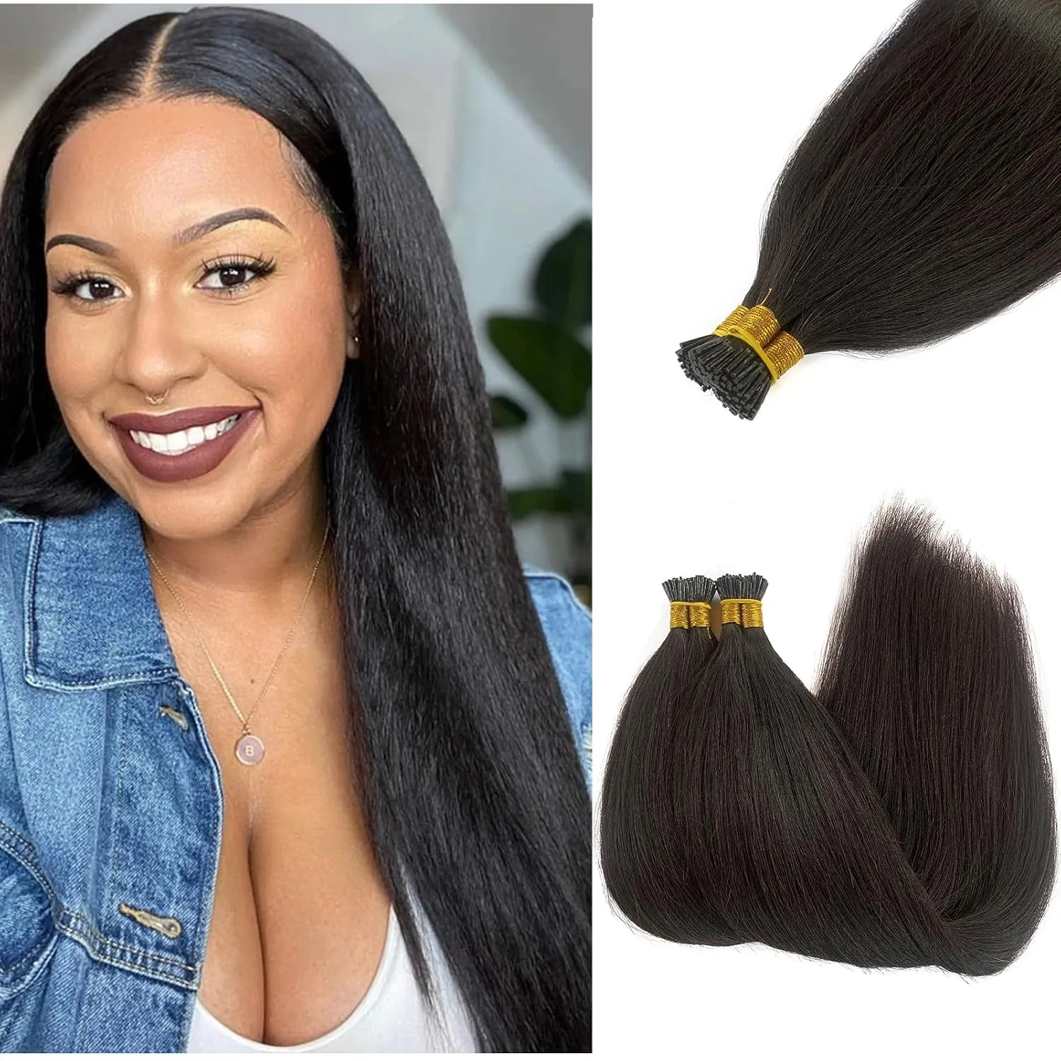 Keratin Bond 24Inch Yaki Straight Human Hair I Tip Extensions - Pre Bonded Light - #1B Natural Black - 100% Real Hair