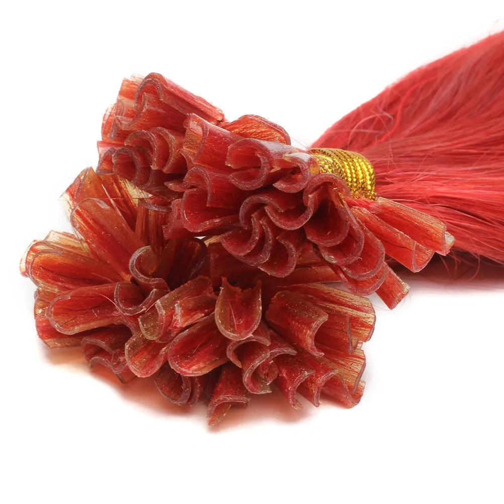 Keratin U Tip Hair Extensions Real Human Hair Red Colors Pre-Bonded Hot Fusion Nail Tip Remy Hair Bright Red for Women Girls 20inch 100strands