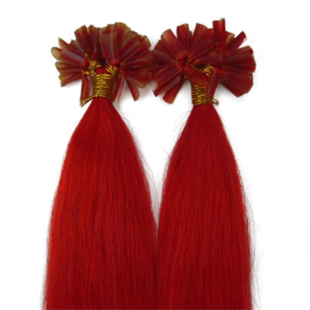 Keratin U Tip Hair Extensions Real Human Hair Red Colors Pre-Bonded Hot Fusion Nail Tip Remy Hair Bright Red for Women Girls 20inch 100strands