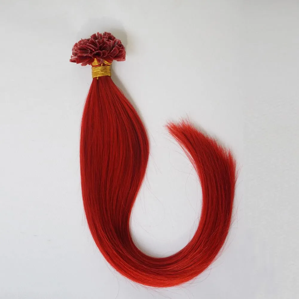 Keratin U Tip Hair Extensions Real Human Hair Red Colors Pre-Bonded Hot Fusion Nail Tip Remy Hair Bright Red for Women Girls 20inch 100strands