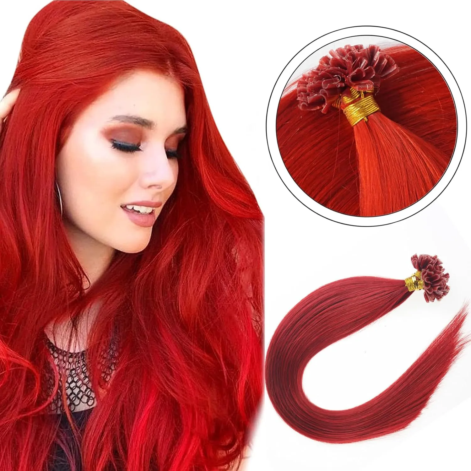 Keratin U Tip Hair Extensions Real Human Hair Red Colors Pre-Bonded Hot Fusion Nail Tip Remy Hair Bright Red for Women Girls 20inch 100strands