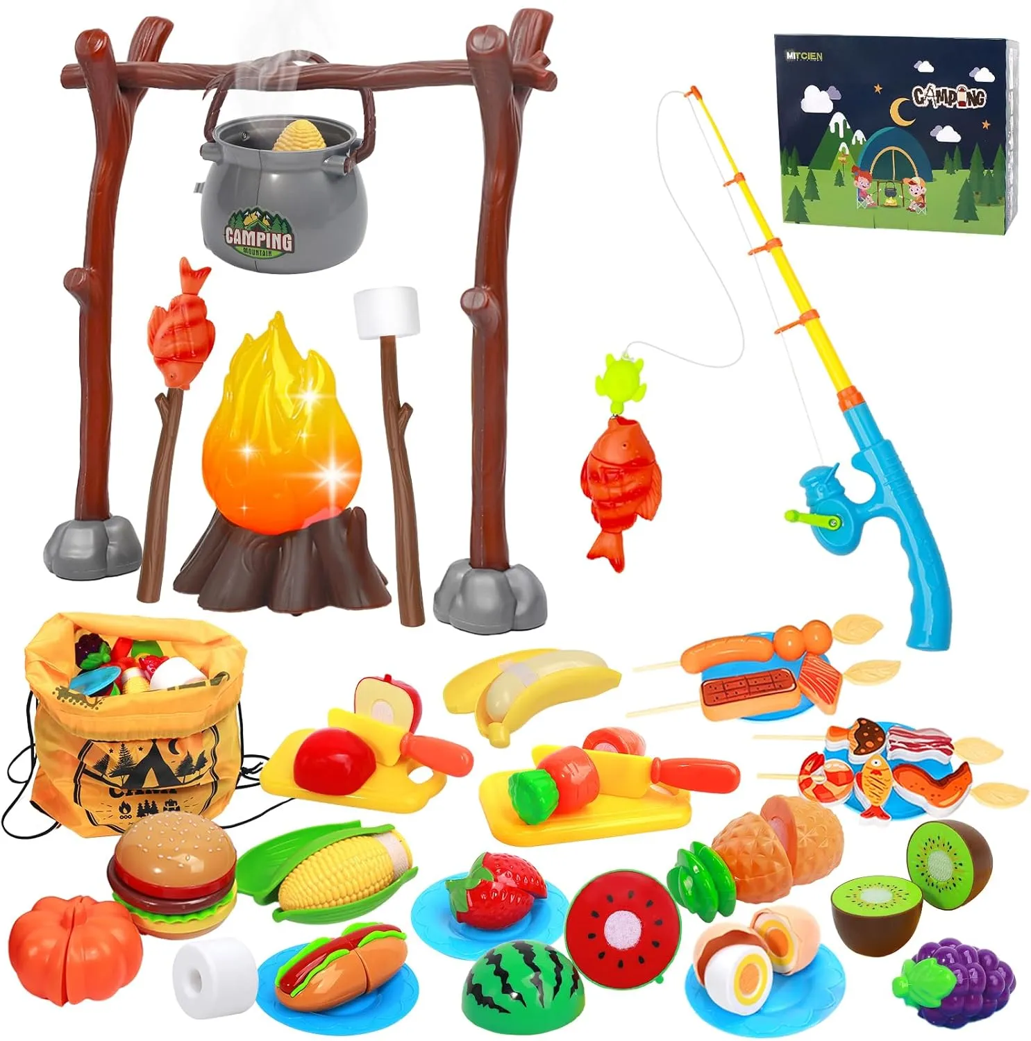 Kids Camping Toys, Mitcien Camping Set Include Pretend Campfire Play Food Fruits & Vegetables Hamburger Magnetic Fishing Toy Toddler Outdoor Adventure Educational Toys for Kids Age 3 4 5 6   Years Old