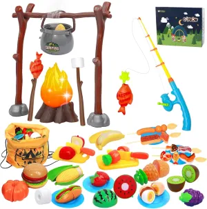 Kids Camping Toys, Mitcien Camping Set Include Pretend Campfire Play Food Fruits & Vegetables Hamburger Magnetic Fishing Toy Toddler Outdoor Adventure Educational Toys for Kids Age 3 4 5 6   Years Old