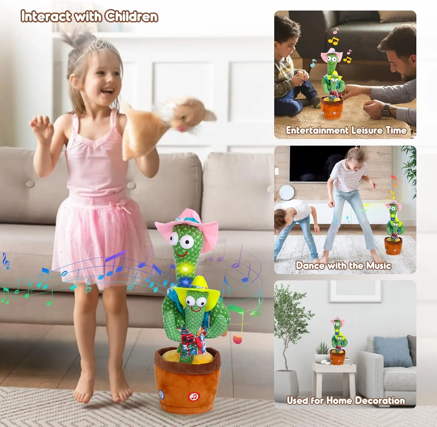 Kids Dancing Talking Cactus Toys for Baby Boys and Girls, Singing Mimicking Recording Repeating What You Say Sunny Cactus Toy Electronic Light Up Plush with 120 English Songs Smart Toy