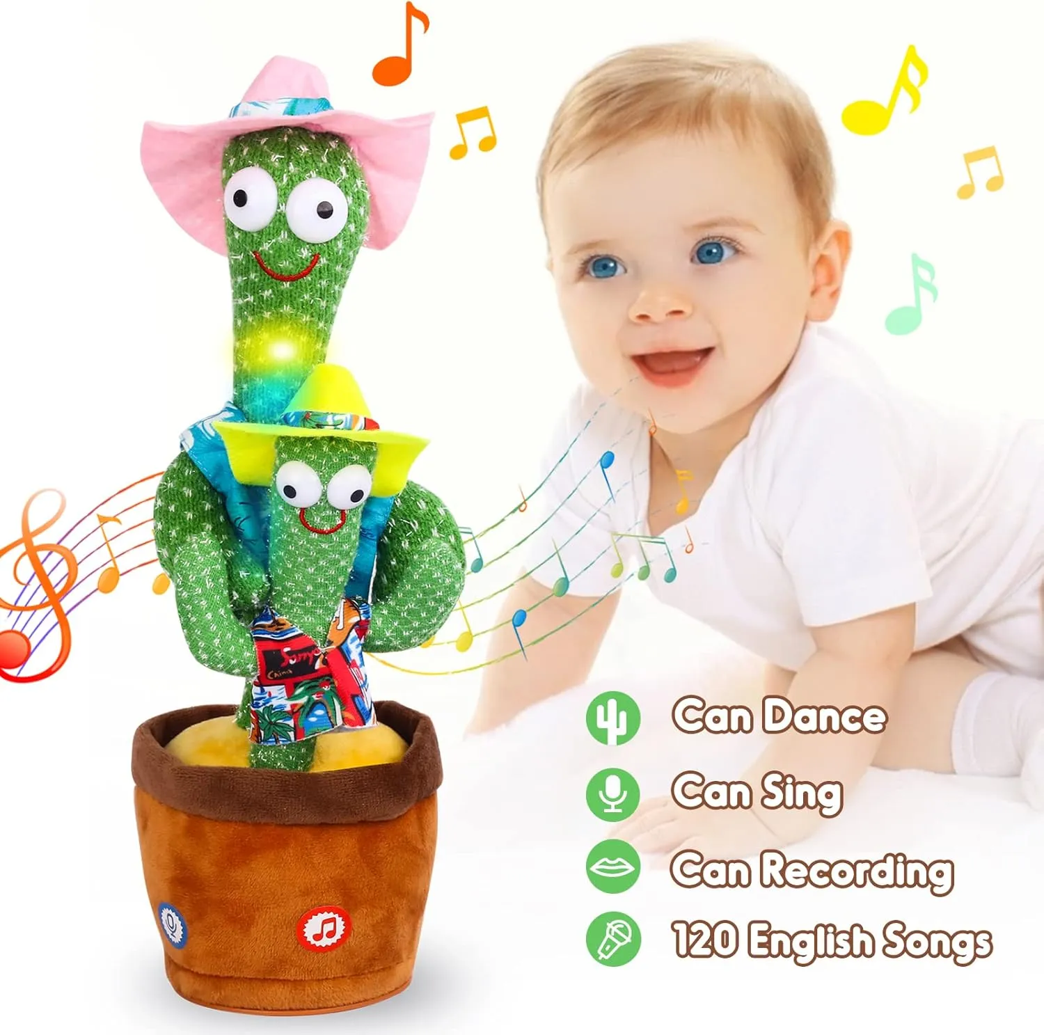 Kids Dancing Talking Cactus Toys for Baby Boys and Girls, Singing Mimicking Recording Repeating What You Say Sunny Cactus Toy Electronic Light Up Plush with 120 English Songs Smart Toy