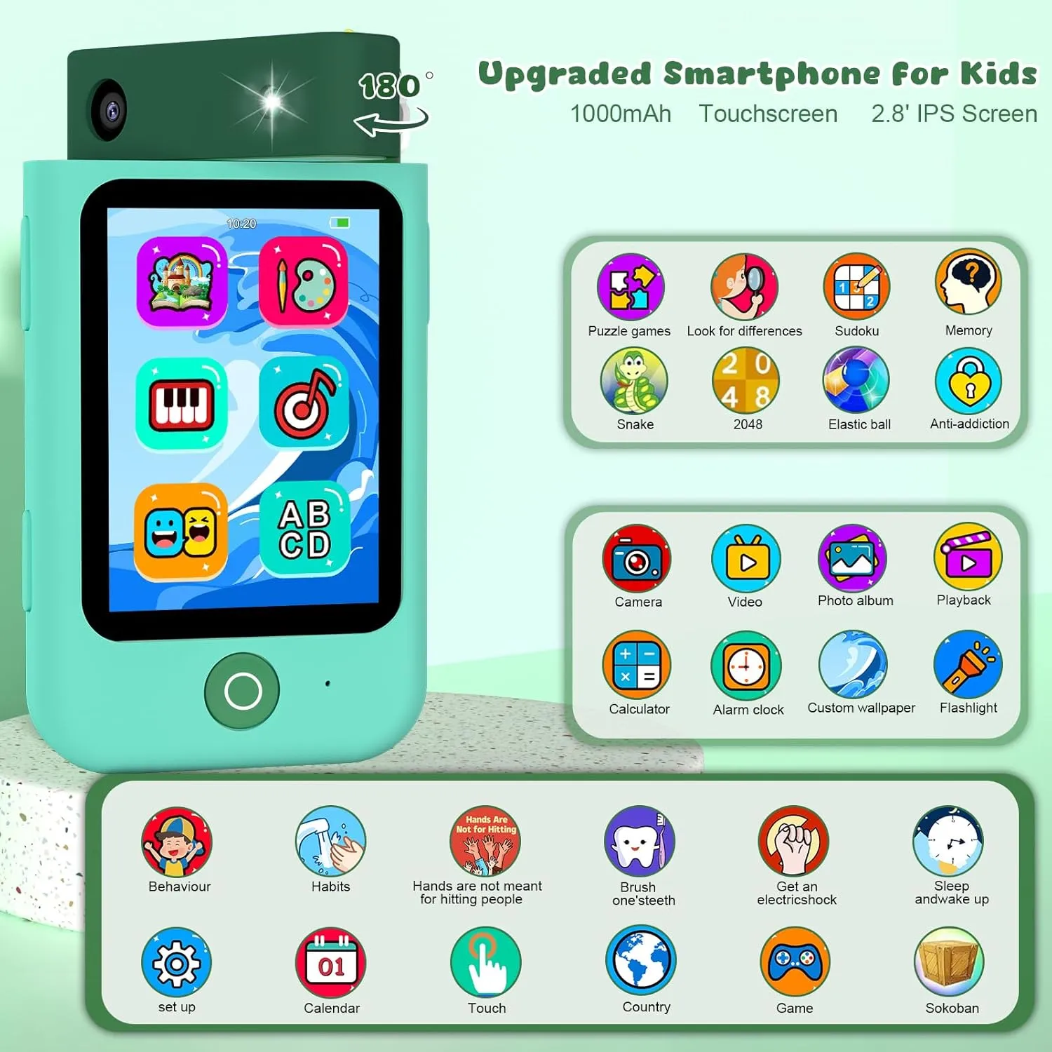 Kids Phone,Kids Smart Phone Toys for Boys, Christmas Birthday Gifts for Boys Ages 3-10,2.8'Touchscreen Toddler Learning Toy Story Phones for Kids with Rotating Camera, Music Player,32G SD Card-Green