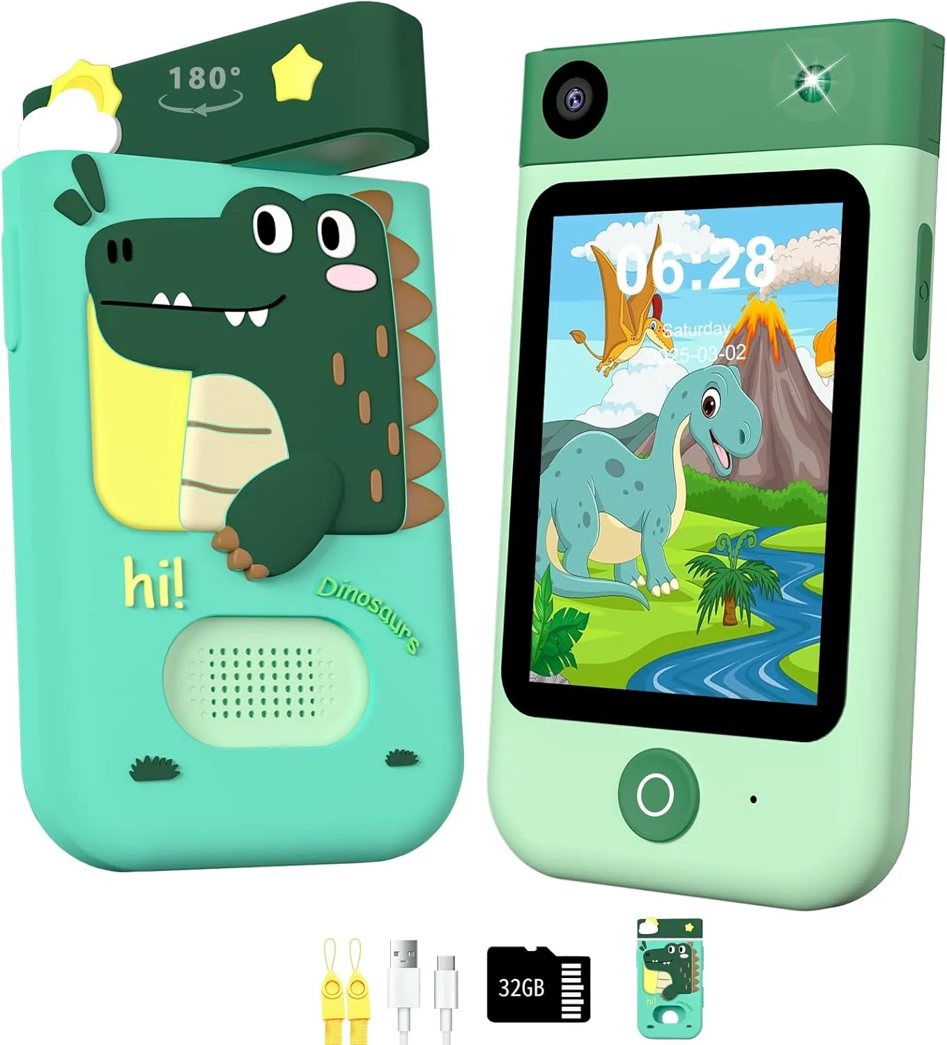 Kids Phone,Kids Smart Phone Toys for Boys, Christmas Birthday Gifts for Boys Ages 3-10,2.8'Touchscreen Toddler Learning Toy Story Phones for Kids with Rotating Camera, Music Player,32G SD Card-Green