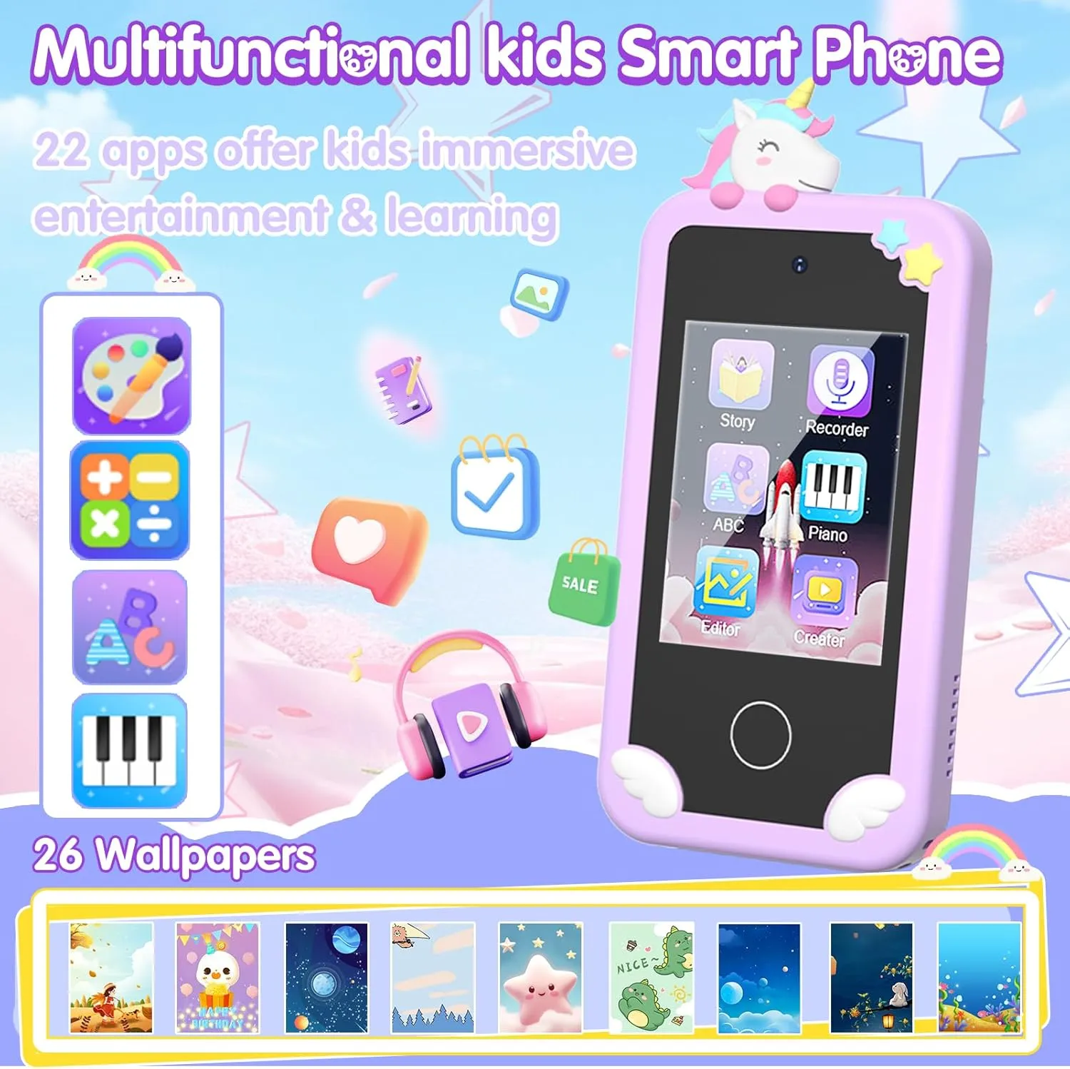 Kids Smart Phone for Girls, 2.8" Touchscreen Play Phone with 32G SD Card, Dual Camera, Puzzle Game, Music Player, Christmas Birthday Gifts for Kids Age 3-12 Purple