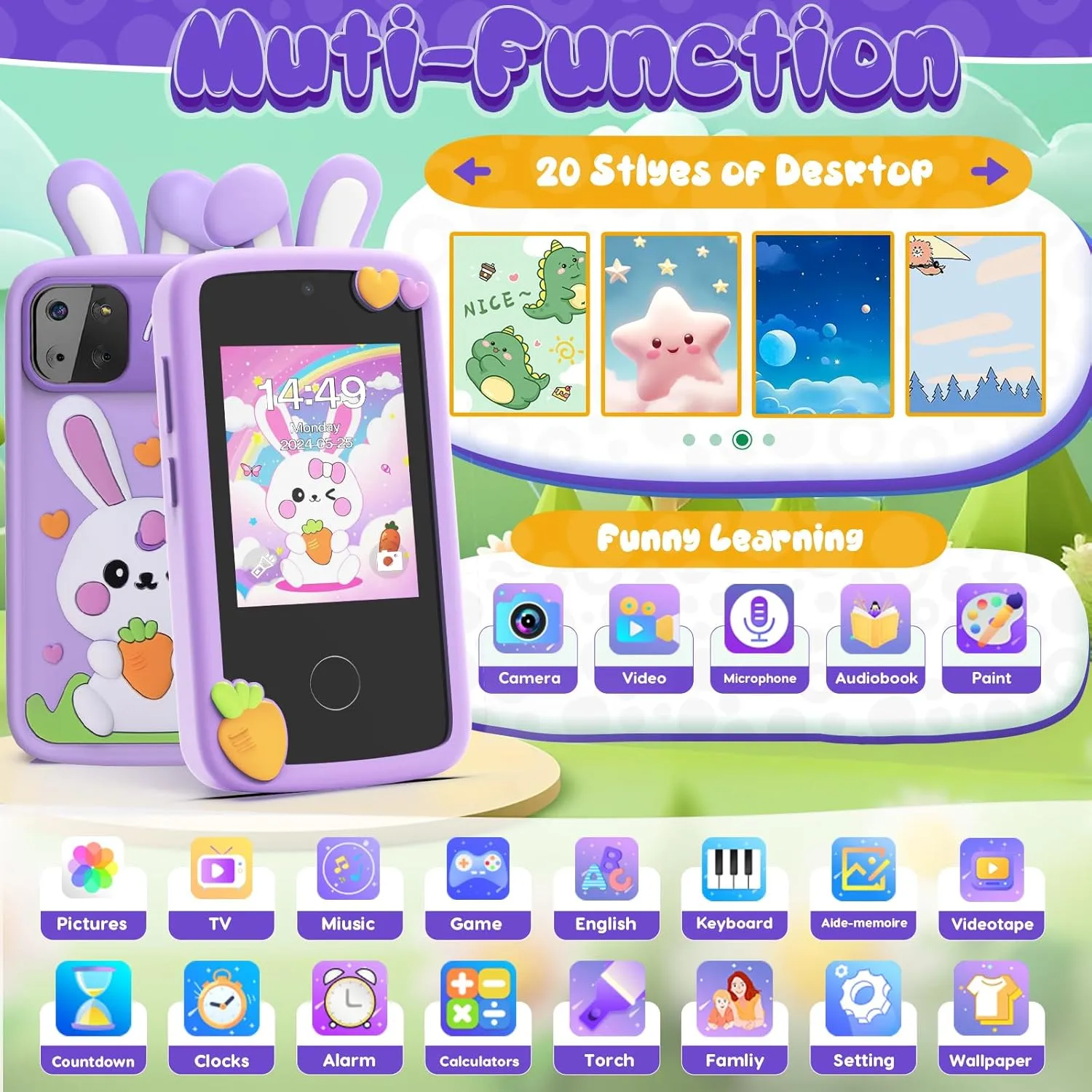 Kids Smart Phone Toys for Girls,Easter Gift for Kids Toys for 3-9 Girls Mini Smart Phone Toys with 2.8" Touchscreen 16 Learning Games Dual Camera Music Player, 8G SD Card