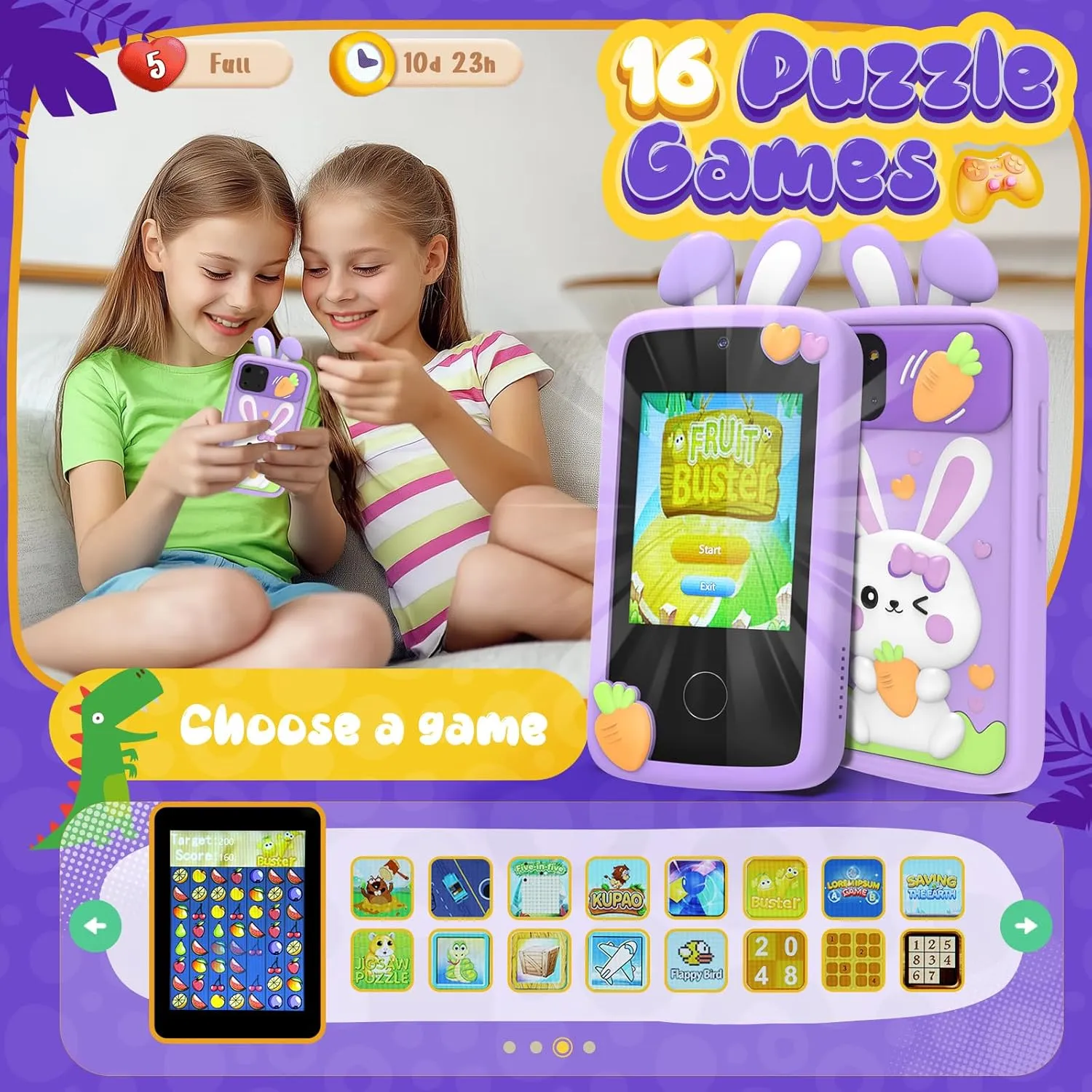 Kids Smart Phone Toys for Girls,Easter Gift for Kids Toys for 3-9 Girls Mini Smart Phone Toys with 2.8" Touchscreen 16 Learning Games Dual Camera Music Player, 8G SD Card