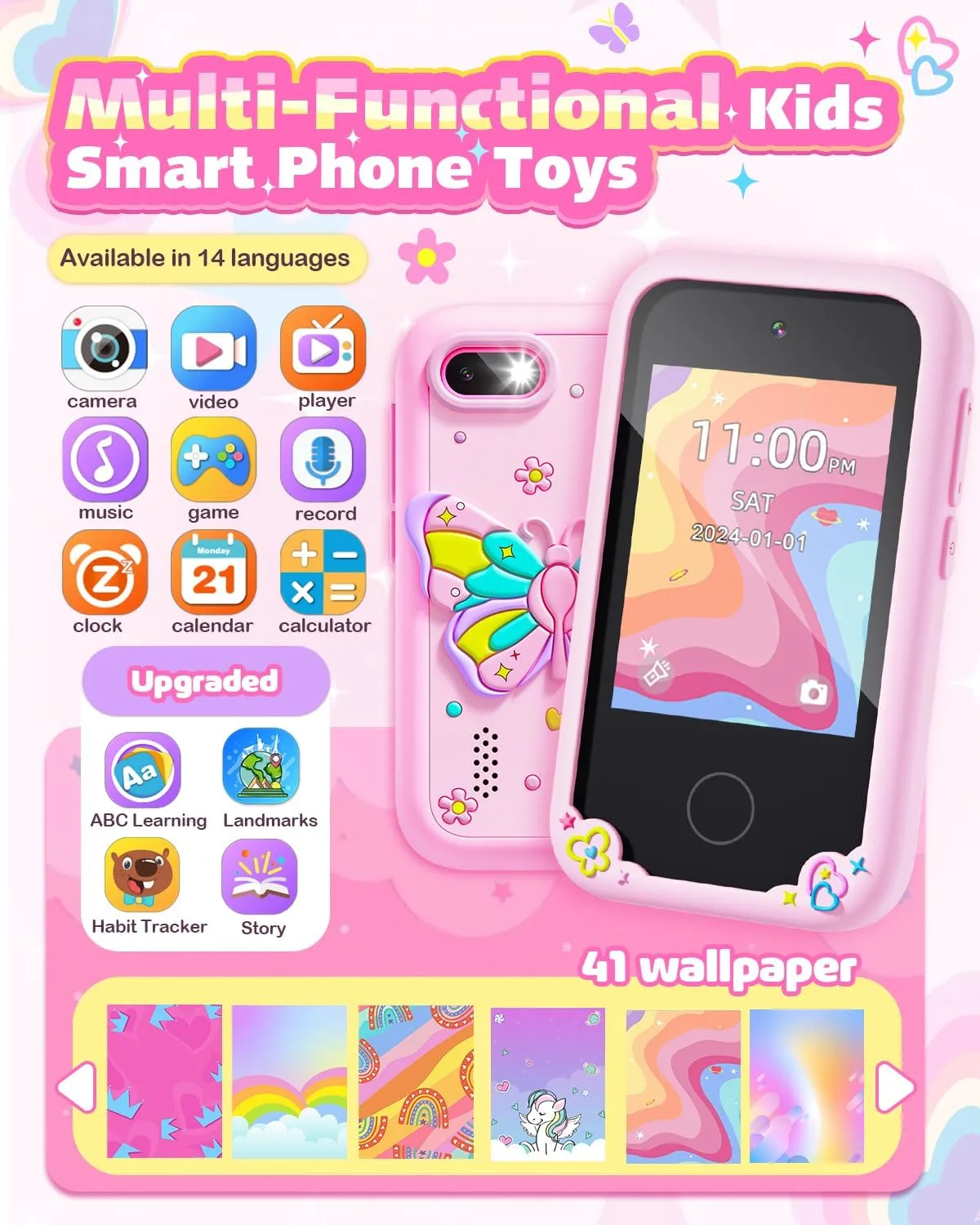 Kids Smart Toy Phone Girls Toy, Toddler Touchscreen Game Phone for 3 4 5 6 7 Year Old Girl Boy, Christmas Birthday Gifts for Children Age 3-7, MP3 Music Player with Dual Camera (Pink)