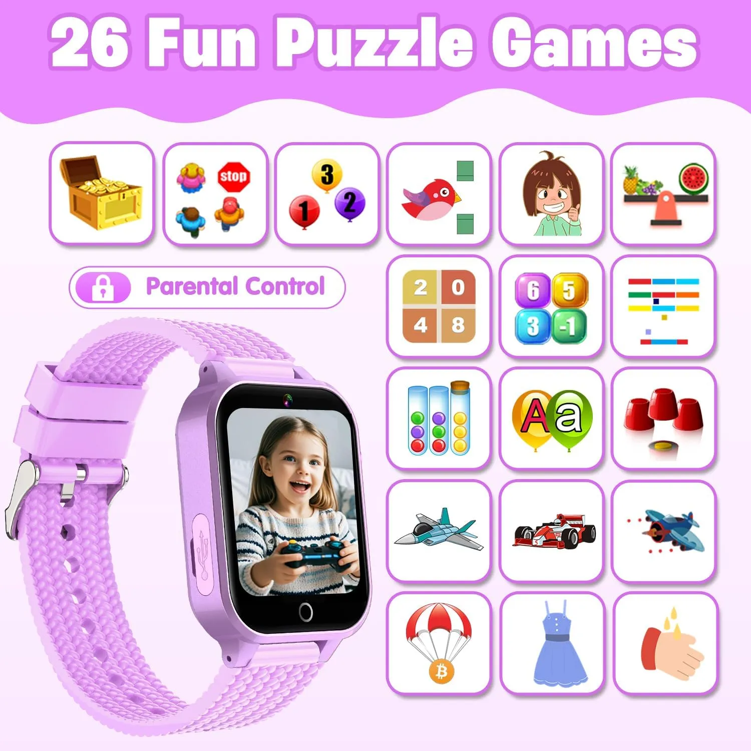 Kids Smart Watch for Girls Age 5-12, Kids Watch with 26 Games,Camera Music Player Pedometer Habit Tracking HD Touchscreen Flashlight Smart Watch for Kids Birthday Gifts for Girls Ages 6 7 8 9 (Purple)