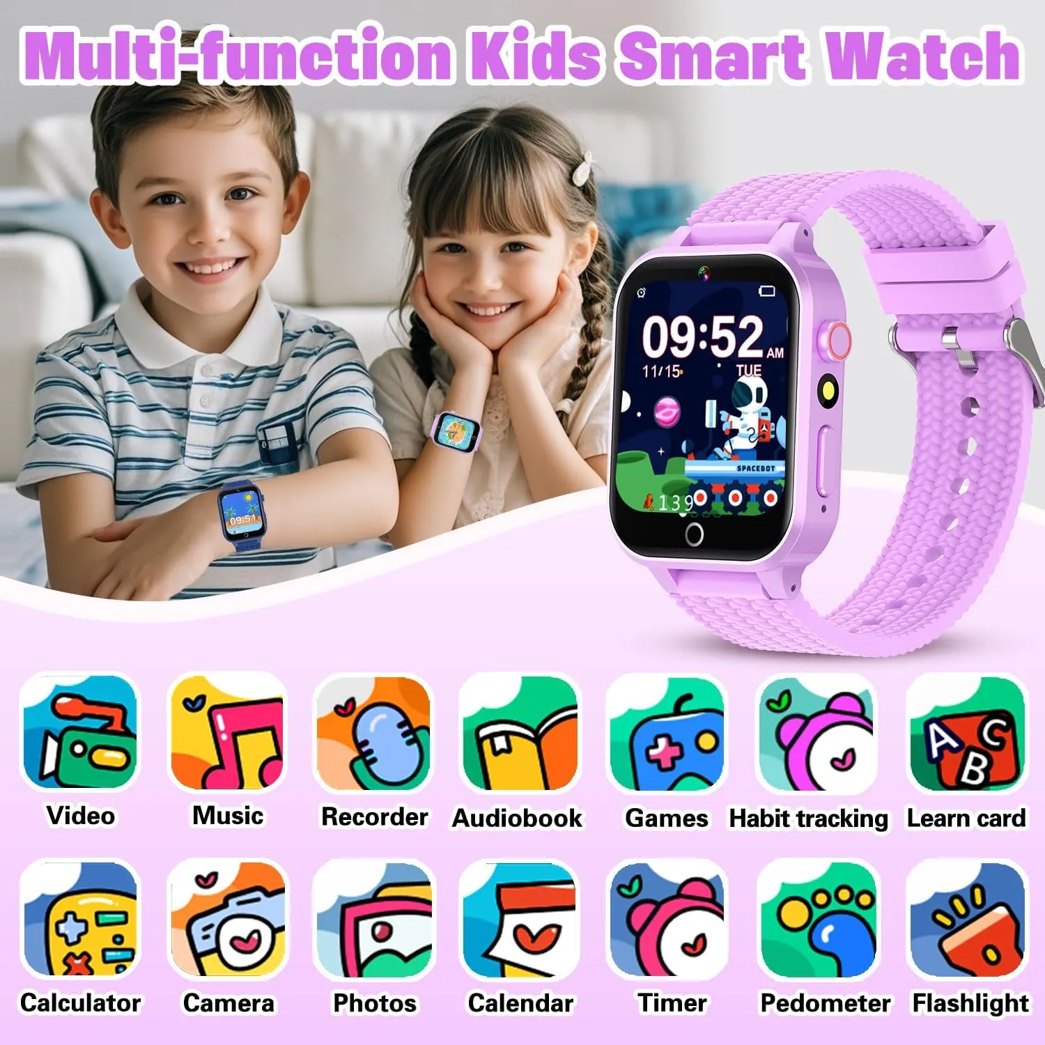 Kids Smart Watch for Girls Age 5-12, Kids Watch with 26 Games,Camera Music Player Pedometer Habit Tracking HD Touchscreen Flashlight Smart Watch for Kids Birthday Gifts for Girls Ages 6 7 8 9 (Purple)