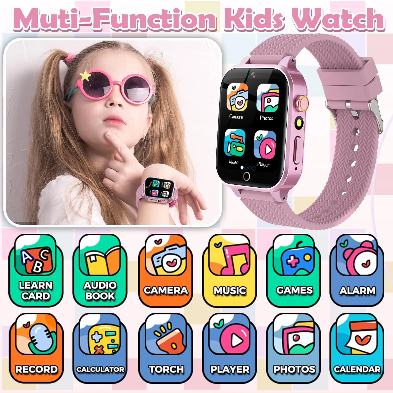 Kids Smart Watch with 2 Screen Protectors, 1.5'' Touch Screen, 26 Games, Audiobook, Learn Card, HD Camera, Video, Pedometer, Alarm Clock - Educational Wristwatch Learning Toy Fun for Birthday Gifts