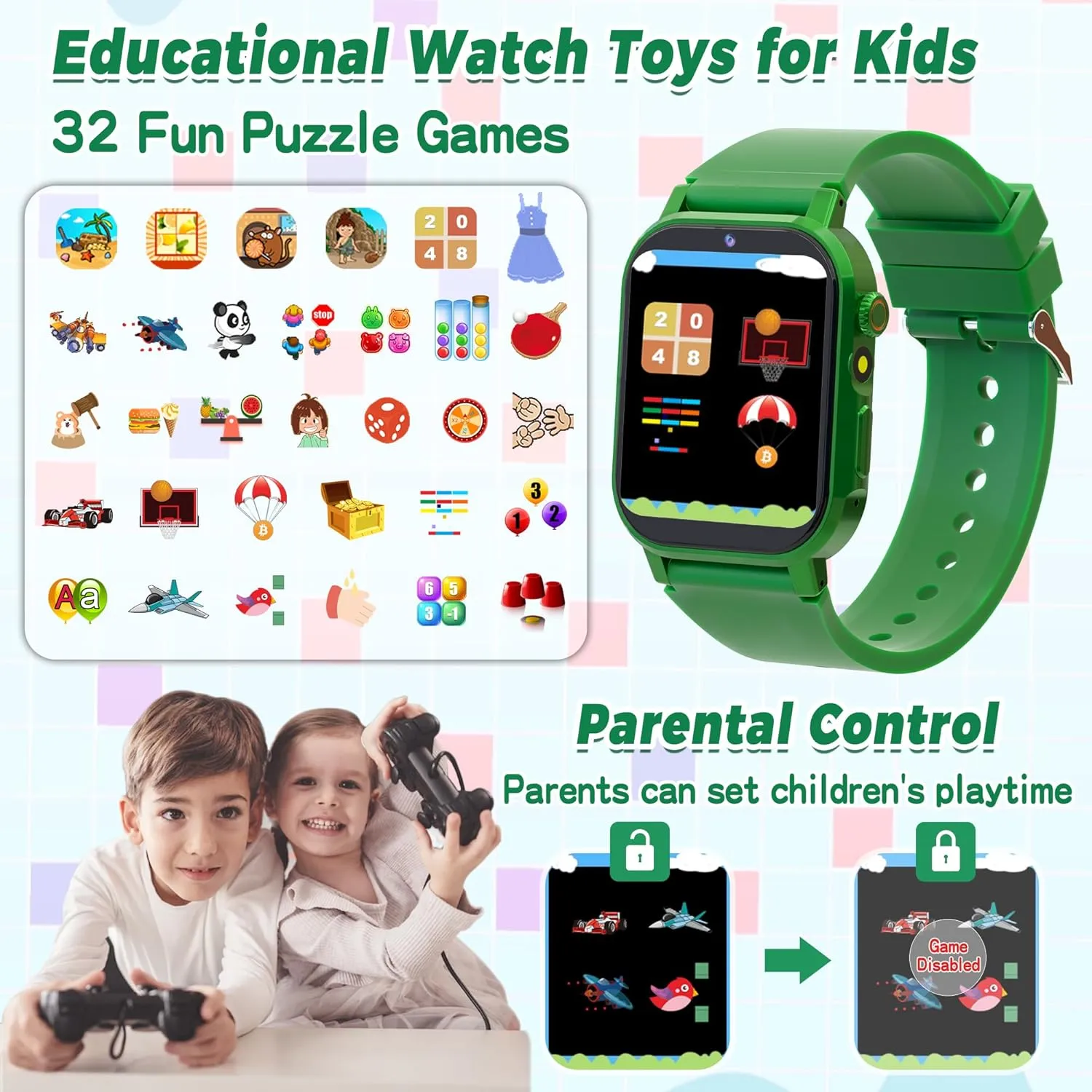 Kids Smart Watch with 32 Puzzle Games, HD Touch Screen Watches with Video Camera Music Alarm Clock Audiobooks Pedometer Flashlight 12/24 hr Educational Toys Gifts for Boys Girls Ages 4 5 6 7 8 9 10