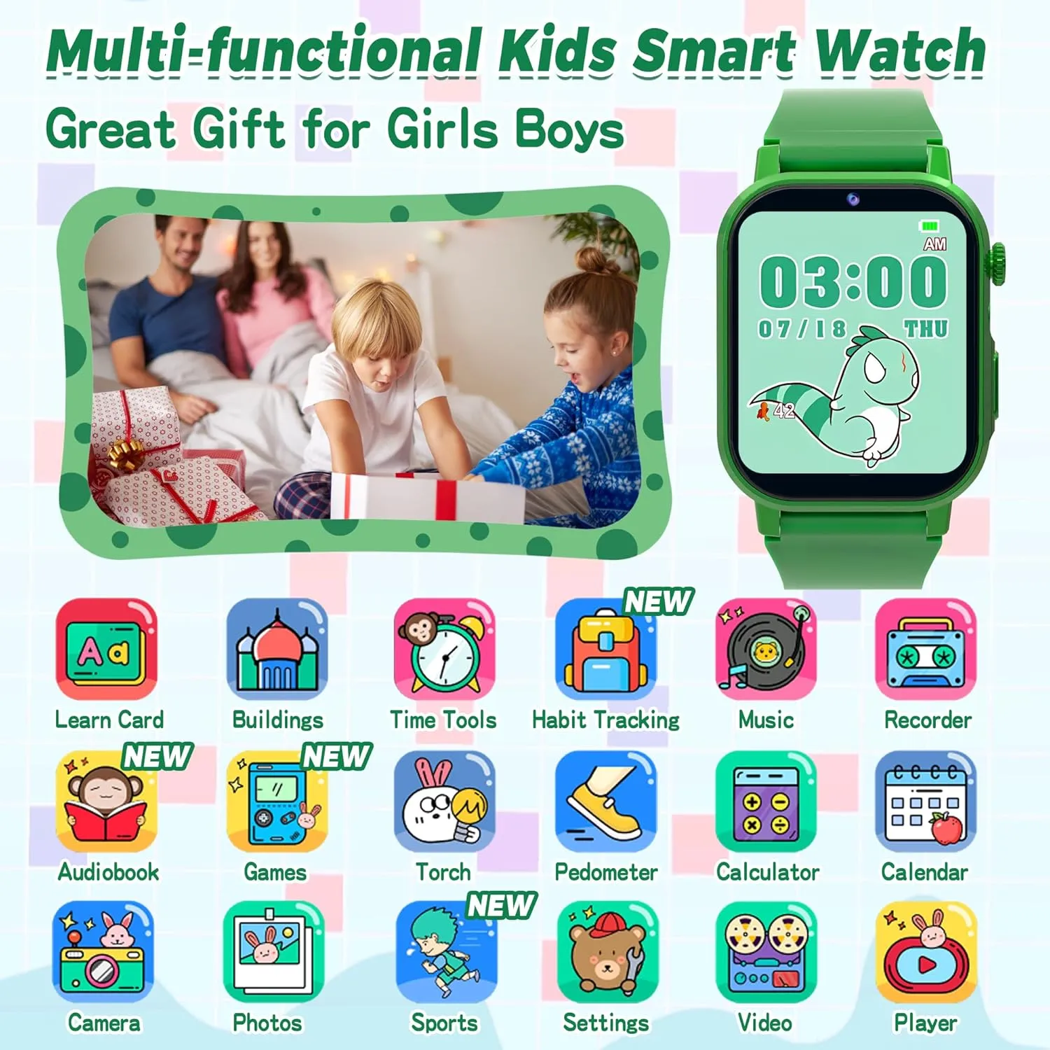 Kids Smart Watch with 32 Puzzle Games, HD Touch Screen Watches with Video Camera Music Alarm Clock Audiobooks Pedometer Flashlight 12/24 hr Educational Toys Gifts for Boys Girls Ages 4 5 6 7 8 9 10