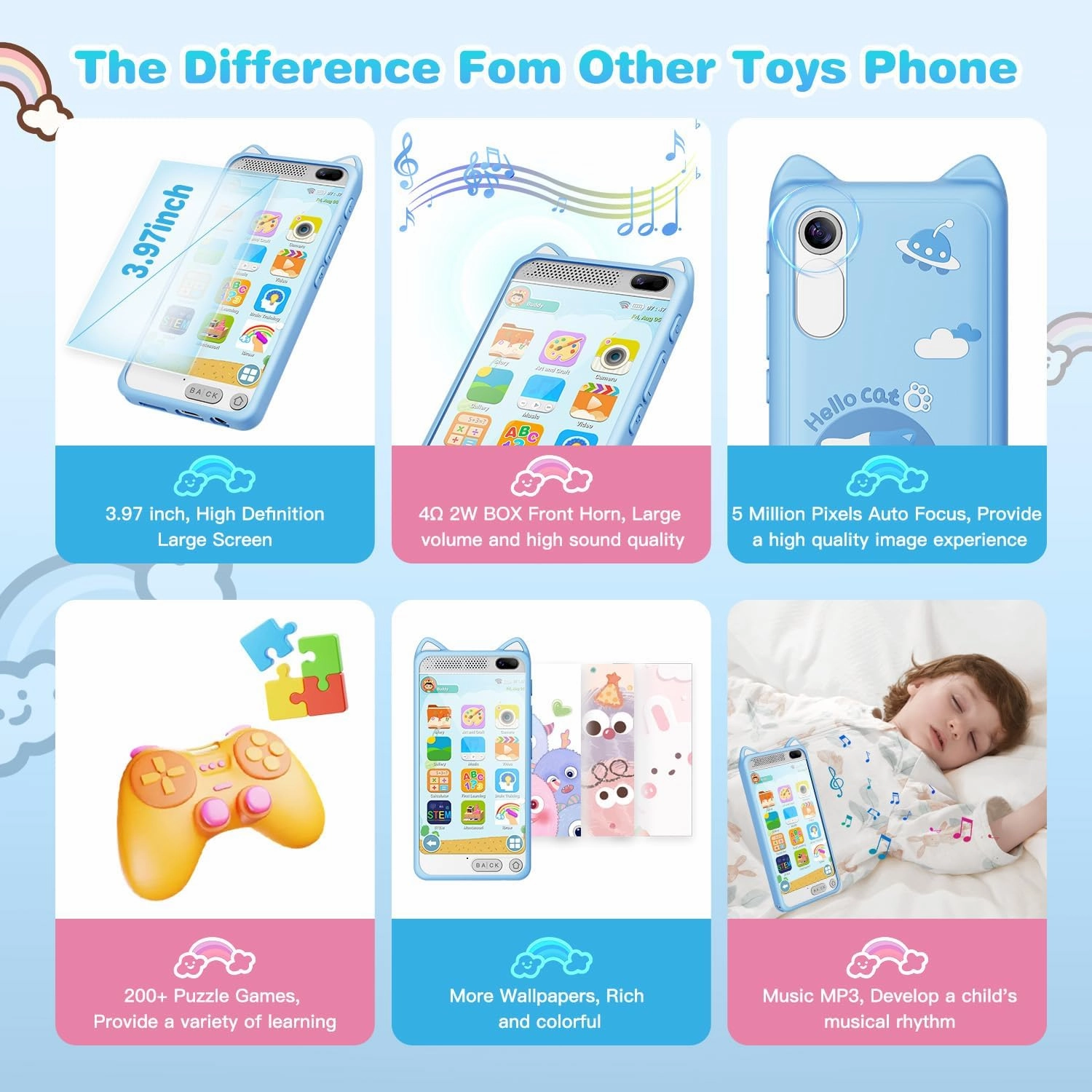 Kids Phone 3.97" Touchscreen Toddler Smart Phone Learning Toys with Educational Games, 2000mA High-Capacity Kids Cell Phone for Boys Age 3-12, Toy Phone with Puzzle Game, 8GB SD Card (Blue)