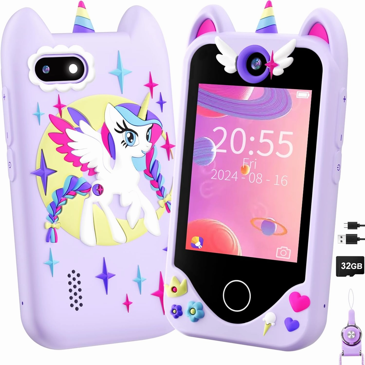 Kids Smart Phone for Girls Gifts - Toddler Christmas Birthday Gift for Age 3 4 5 6 Year Old, Kids Cell Phone Toy with Touchscreen, Dual Cameras, Learning, Kid Mp3 Player, Games with 32 GB Card