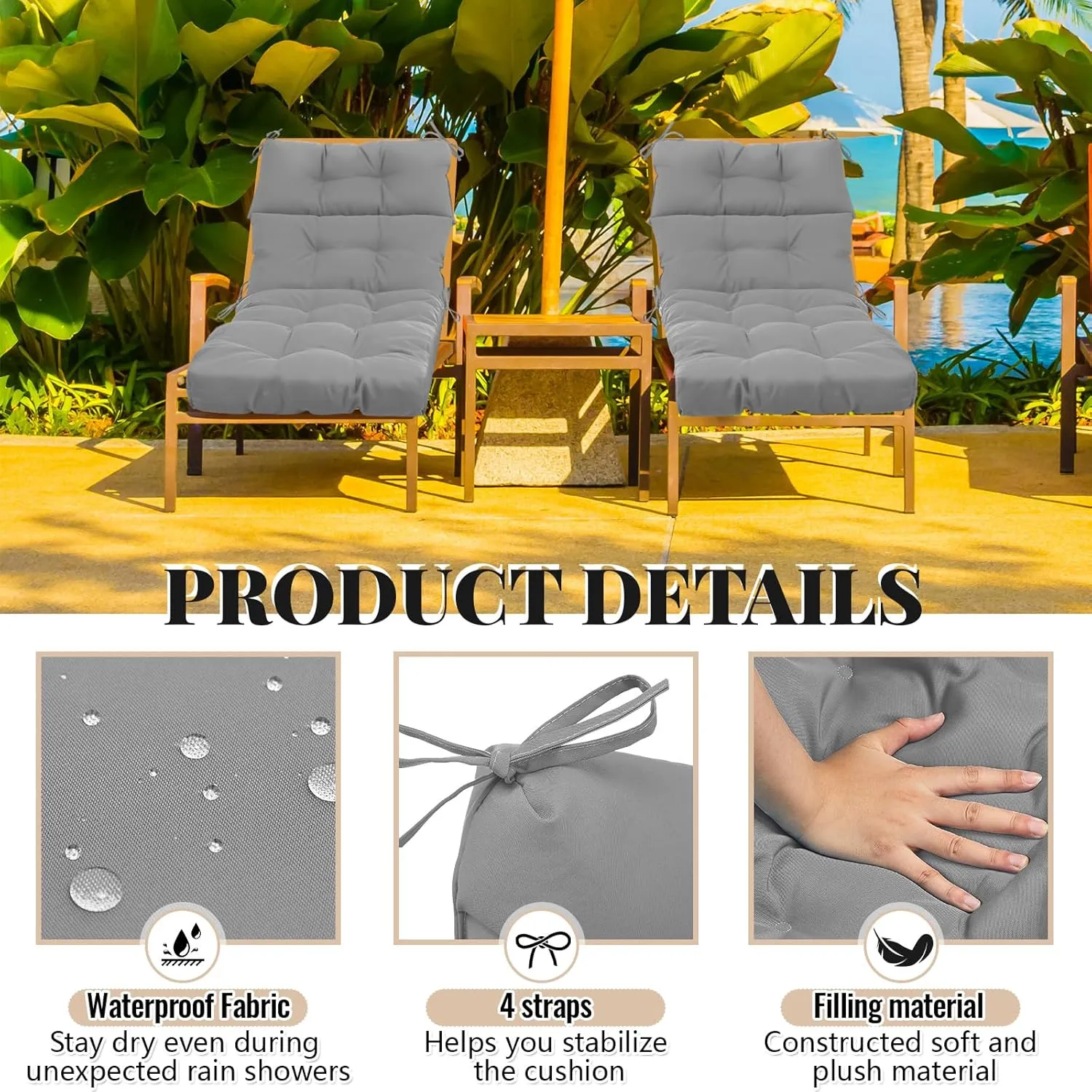 Kigley 1 Pcs Chaise Lounge Cushions 75 x 22 x 5 Inches Soft Lounge Chair Cushion Spring/Summer Seasonal Replacement for Outdoor Indoor Home Office (Light Grey)