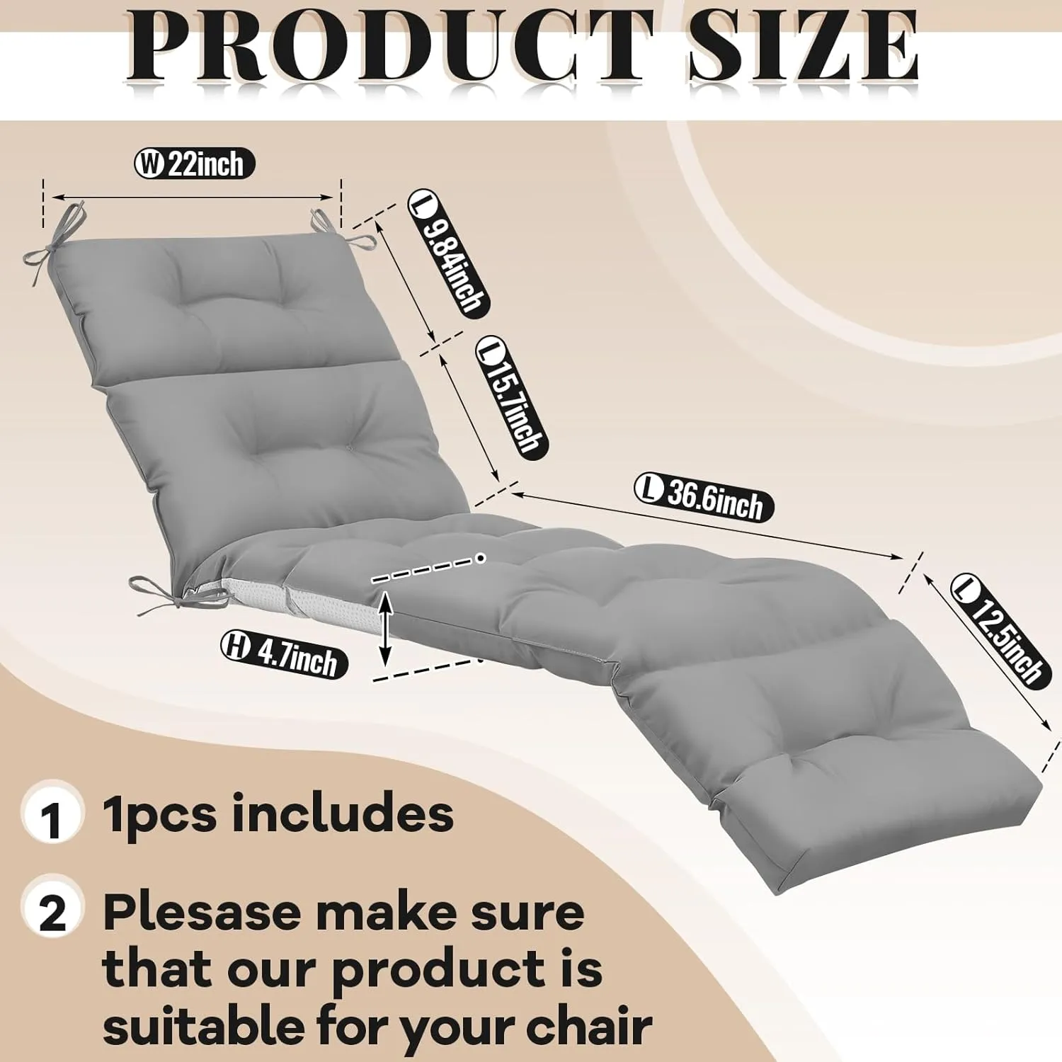 Kigley 1 Pcs Chaise Lounge Cushions 75 x 22 x 5 Inches Soft Lounge Chair Cushion Spring/Summer Seasonal Replacement for Outdoor Indoor Home Office (Light Grey)