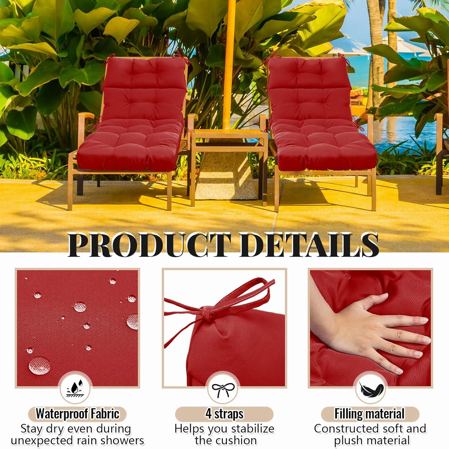 Kigley 2 Pcs Chaise Lounge Cushions 75 x 22 x 5 Inches Soft Lounge Chair Cushion Spring/Summer Seasonal Replacement for Outdoor Indoor Home Office (Red)