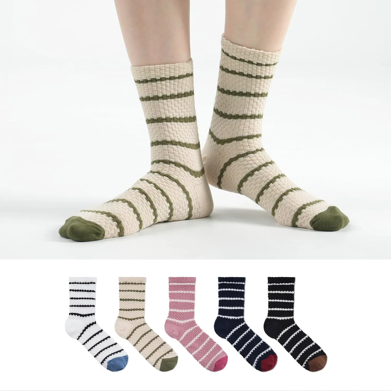 kikiya socks Women Crew | 4-6 Pairs Floral Graphic Heart Print Tube Striped Dot Pattern Design Ladies Cotton Socks | US 6-8