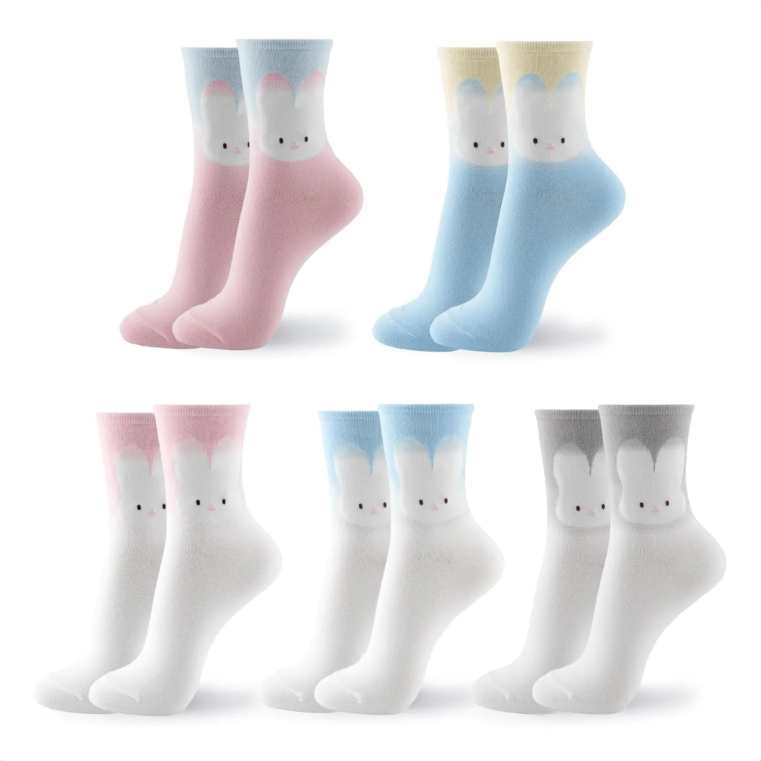 kikiya socks Women Crew | 4-6 Pairs Smiley Face Design Cute Animal Character Ribbon Graphic Girl Ladies Cotton Socks | US 6-8