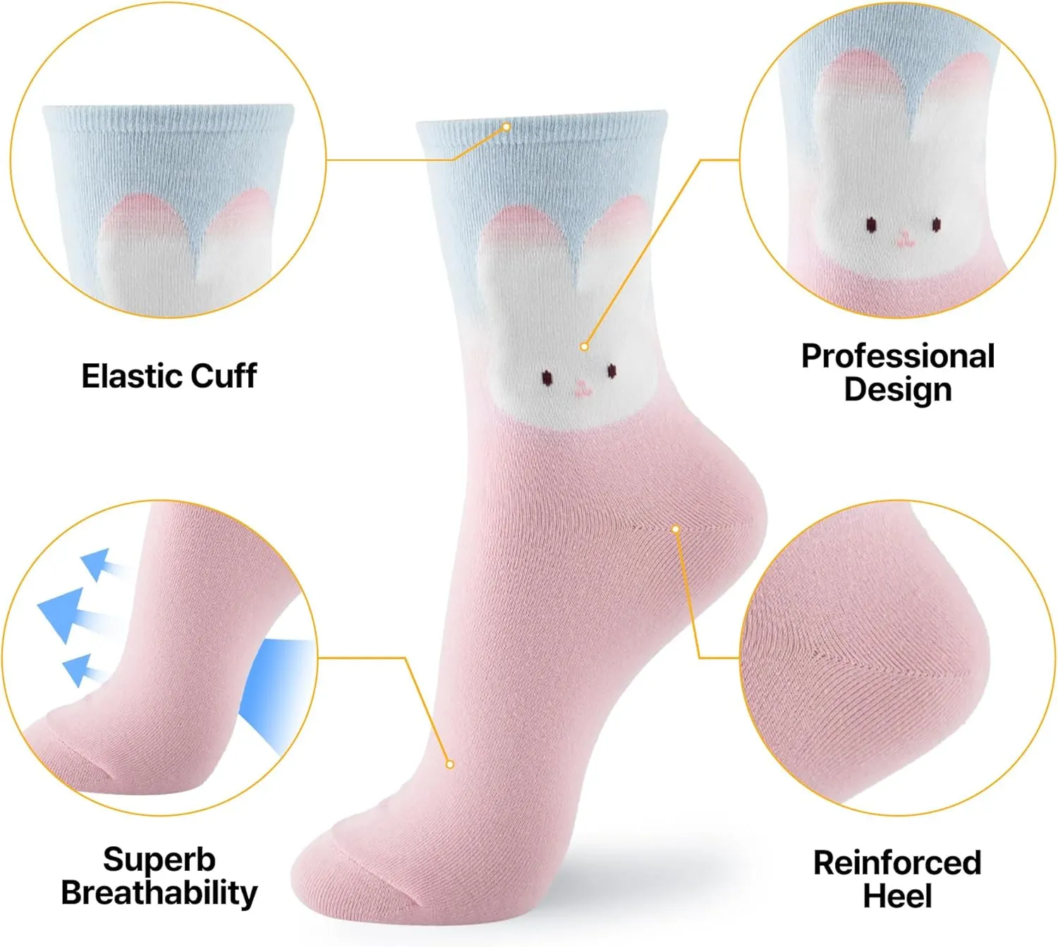 kikiya socks Women Crew | 4-6 Pairs Smiley Face Design Cute Animal Character Ribbon Graphic Girl Ladies Cotton Socks | US 6-8