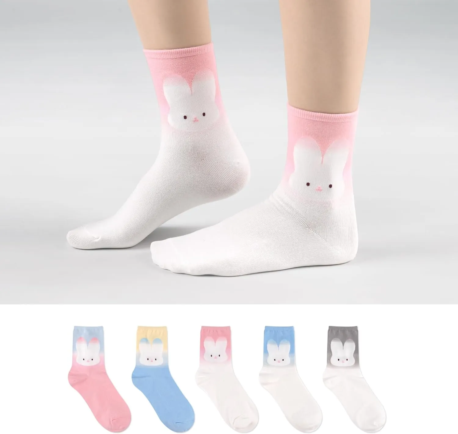 kikiya socks Women Crew | 4-6 Pairs Smiley Face Design Cute Animal Character Ribbon Graphic Girl Ladies Cotton Socks | US 6-8