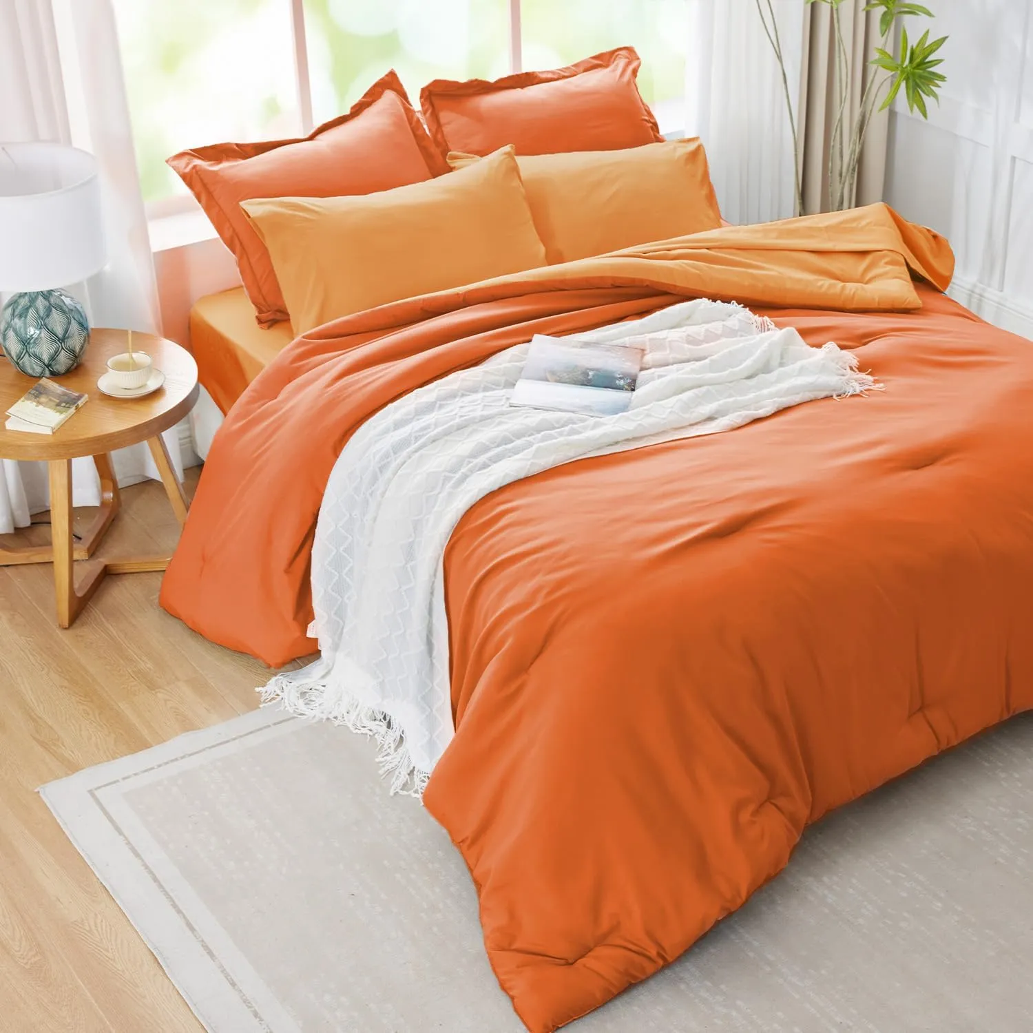 King Size Comforter Set Burnt Orange Reversible Bedding Set, 7 Pieces Soft Bed in a Bag King with Comforter, Sheets, Pillowcases & Shams, All Season Boho King Bed Set