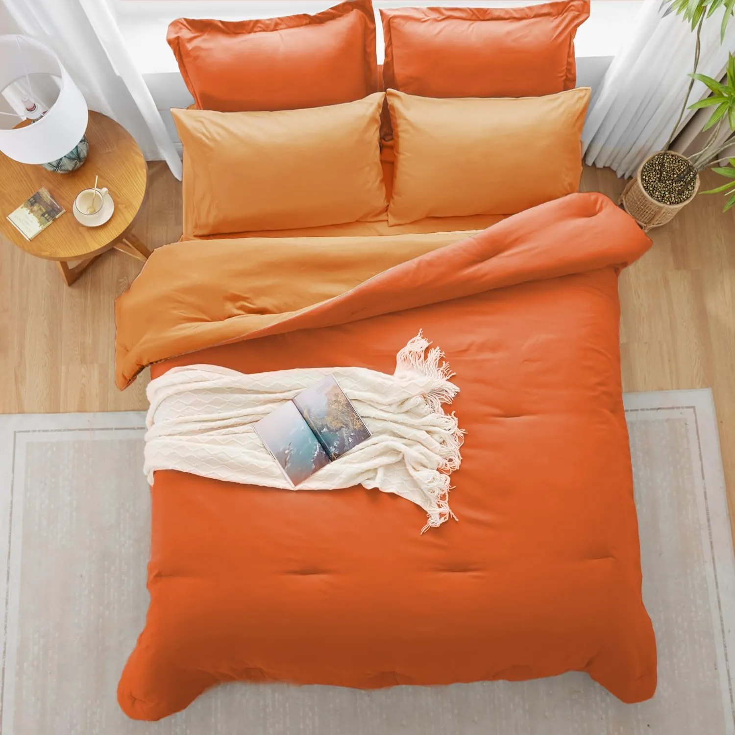 King Size Comforter Set Burnt Orange Reversible Bedding Set, 7 Pieces Soft Bed in a Bag King with Comforter, Sheets, Pillowcases & Shams, All Season Boho King Bed Set