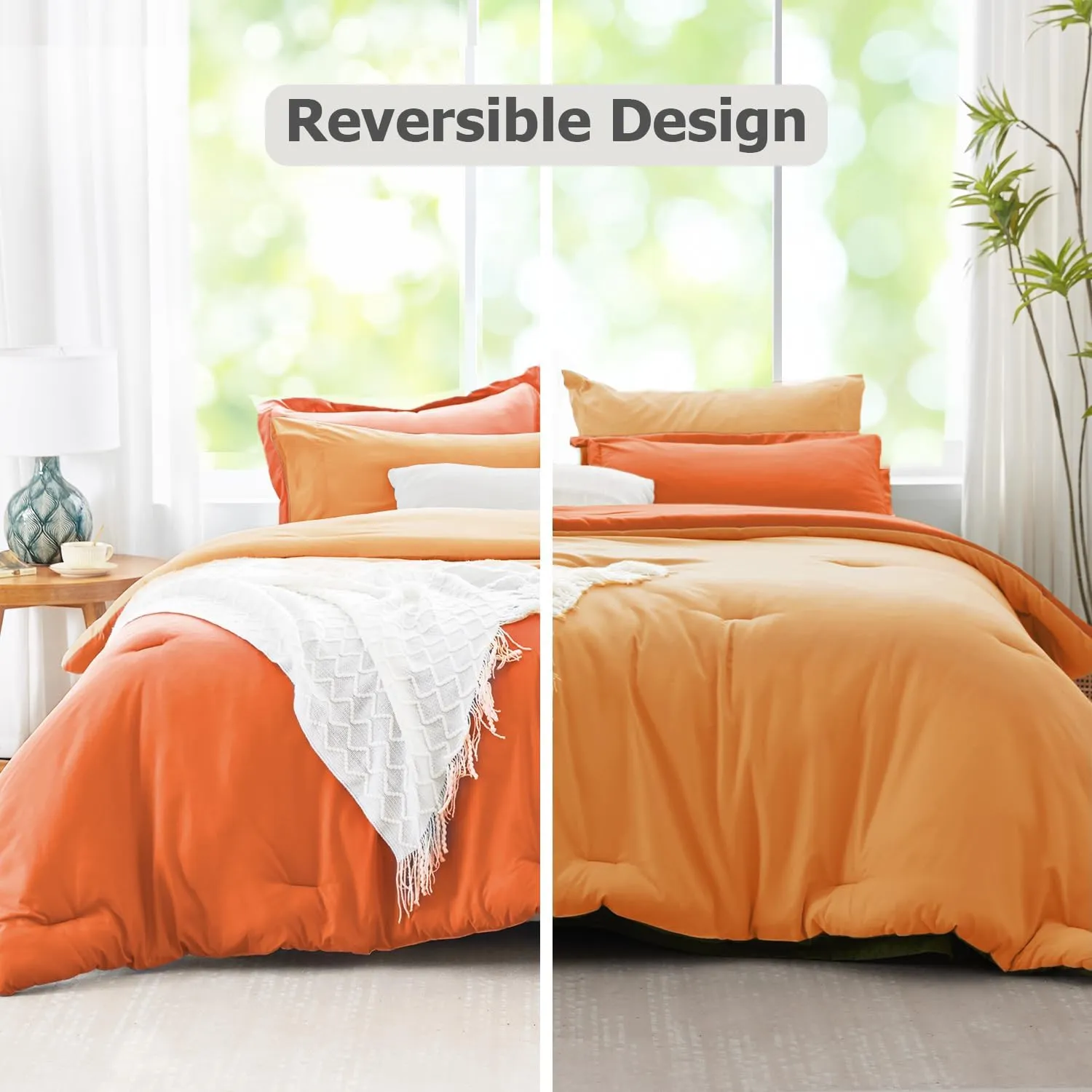 King Size Comforter Set Burnt Orange Reversible Bedding Set, 7 Pieces Soft Bed in a Bag King with Comforter, Sheets, Pillowcases & Shams, All Season Boho King Bed Set
