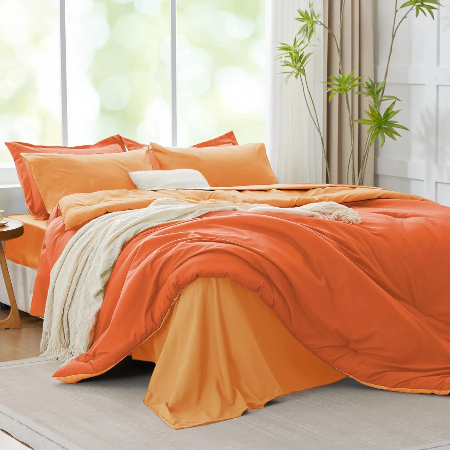 King Size Comforter Set Burnt Orange Reversible Bedding Set, 7 Pieces Soft Bed in a Bag King with Comforter, Sheets, Pillowcases & Shams, All Season Boho King Bed Set