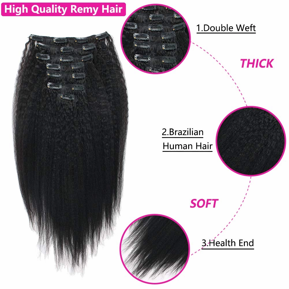 Kinkys Straight Hair Clip Ins Brazilian Virgin Hair Extensions Big Thick Double Weft Real Remy Hair for Black Women 7 Pieces 120g 20 Inch