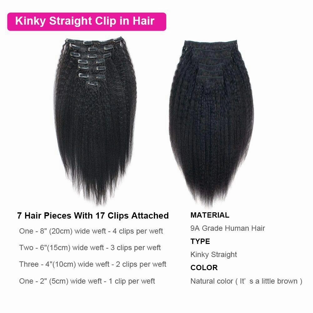 Kinkys Straight Hair Clip Ins Brazilian Virgin Hair Extensions Big Thick Double Weft Real Remy Hair for Black Women 7 Pieces 120g 20 Inch