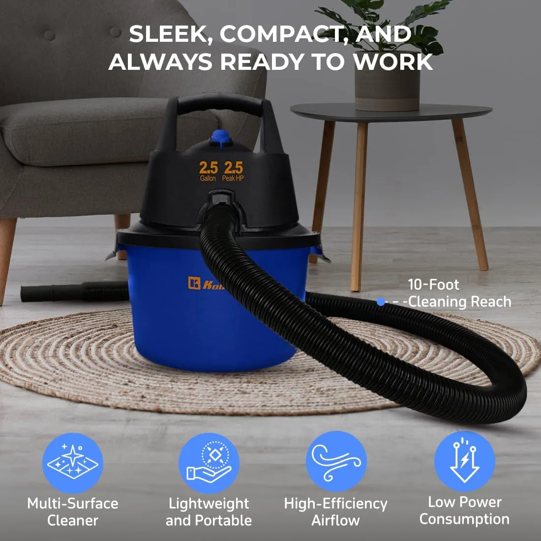 Koblenz WD-2.5L Portable Wet Dry Vacuum, 2.5-Gallon 2.5 PHP Suction Plus Blower Vacuum Cleaner for Liquids, Dust, Pet Hairs, 10’ Reach, For Car Cleaning, Wall-Mount Support, Parts Included, Blue/Black