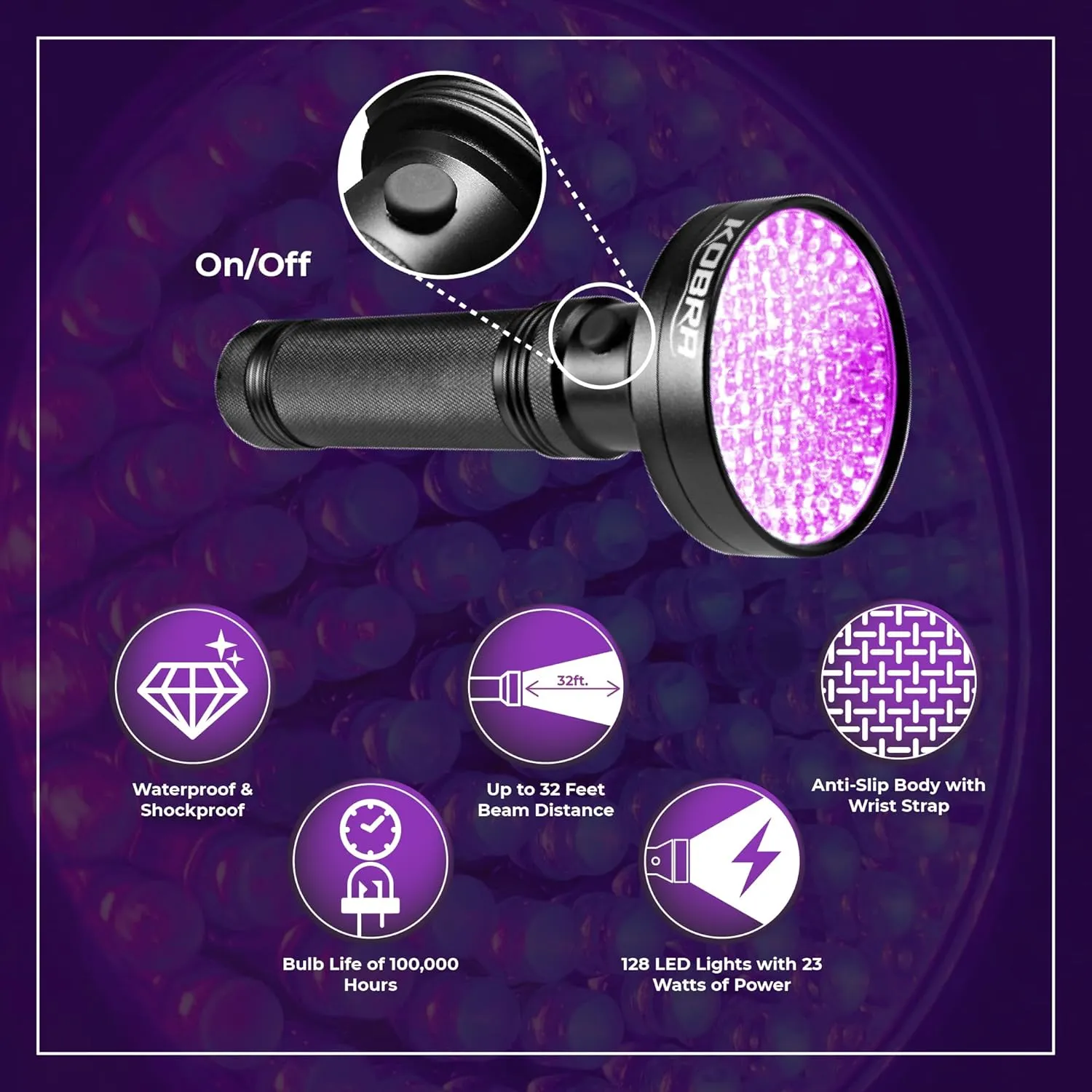 Kobra UV Black Light Flashlight - 128 LED Portable UV Light & Black Light for Pet Urine Detection - Home or Hotel Bed Bugs, Leaks & Counterfeit Money Inspection - 23W, 390-395mm (Black)