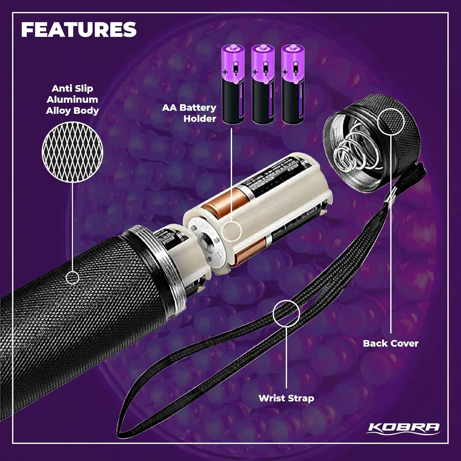 Kobra UV Black Light Flashlight - 128 LED Portable UV Light & Black Light for Pet Urine Detection - Home or Hotel Bed Bugs, Leaks & Counterfeit Money Inspection - 23W, 390-395mm (Black)