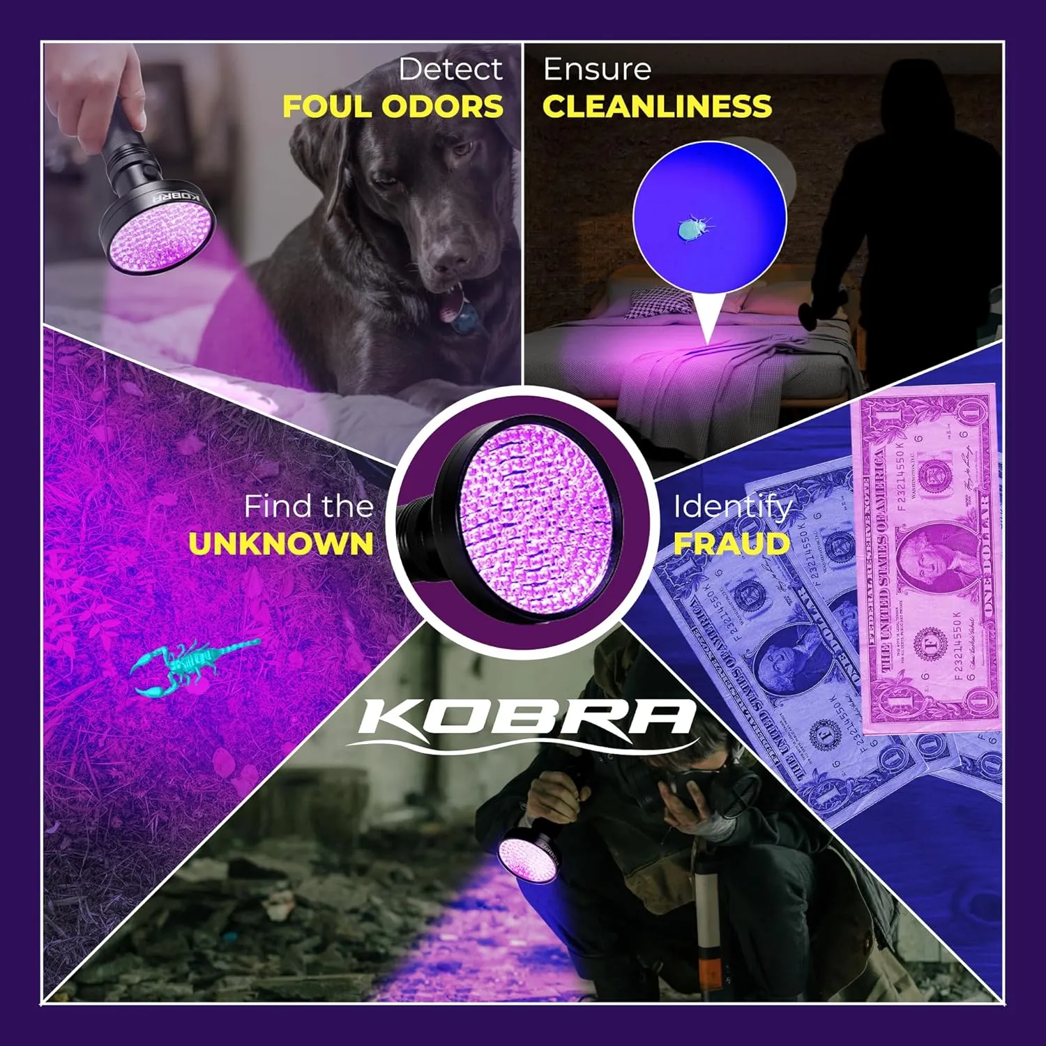 Kobra UV Black Light Flashlight - 128 LED Portable UV Light & Black Light for Pet Urine Detection - Home or Hotel Bed Bugs, Leaks & Counterfeit Money Inspection - 23W, 390-395mm (Black)