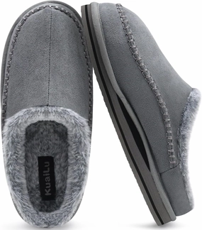 KuaiLu Mens Clog Slippers with Arch Support Suede Faux Fur Memory Foam Warm House Shoes Comfortable Slip-on Mans Bedroom Indoor Outdoor Slippers Rubber Sole Size 7-16