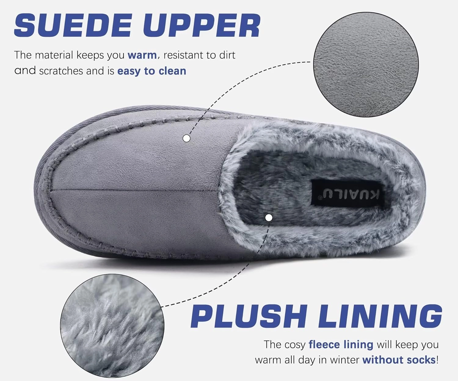 KuaiLu Mens Clog Slippers with Arch Support Suede Faux Fur Memory Foam Warm House Shoes Comfortable Slip-on Mans Bedroom Indoor Outdoor Slippers Rubber Sole Size 7-16