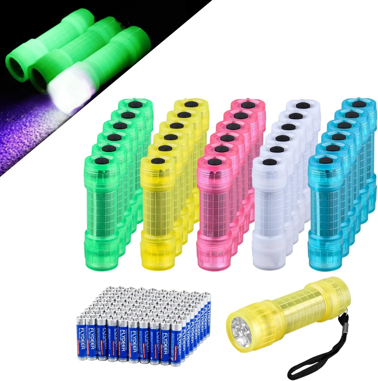 KunHe 30 Pack 395nm UV Black Light Flashlights Small Mini LED Flashlights Fluorescent Glow in Dark Flashlight Best Gift for Kids Party Favor in 5 Colors Gift to Halloween, Christmas