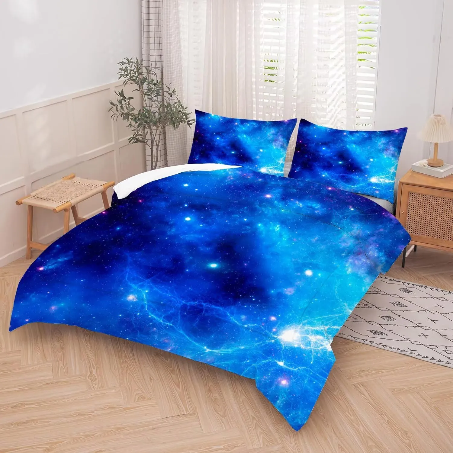 kxry Blue Galaxy Space Comforter Set Queen Size Outer Space Starry Sky Universe Bedding Sets for Girls Teens Kids Soft Microfiber Lightweight Comforter Set with 1 Comforter   2 Pillow Cases