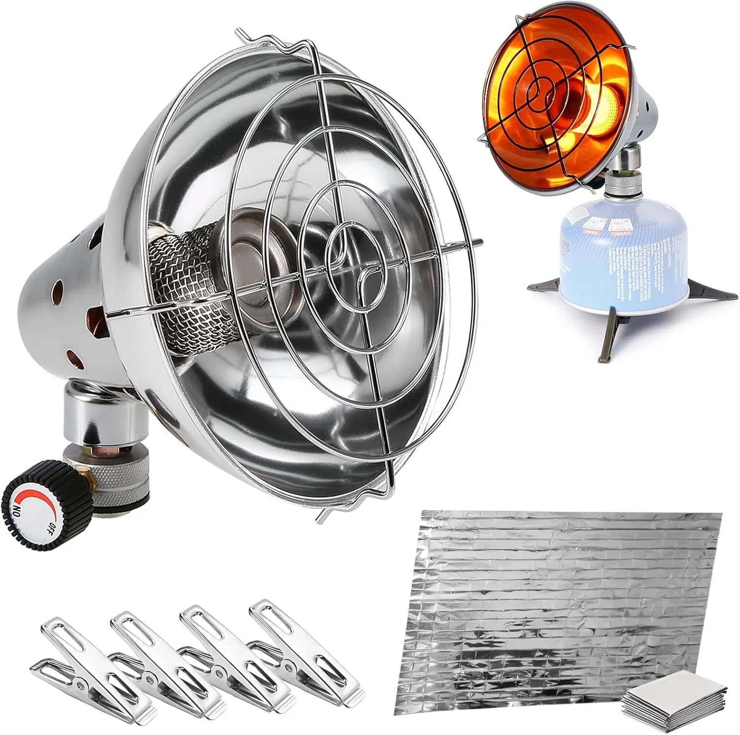 LANRU Portable Gas Heater with Emergency Blanket and 4 Clips Camping Heater Warmer Heating Stove Outdoor Emergency Survival Kit