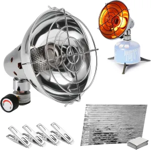 LANRU Portable Gas Heater with Emergency Blanket and 4 Clips Camping Heater Warmer Heating Stove Outdoor Emergency Survival Kit