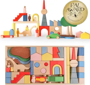 Large Wooden Building Blocks for Toddlers 2-4 Years, Exclusive Designed Metropolis Wooden Blocks Ages 1-3 Montessori Toys